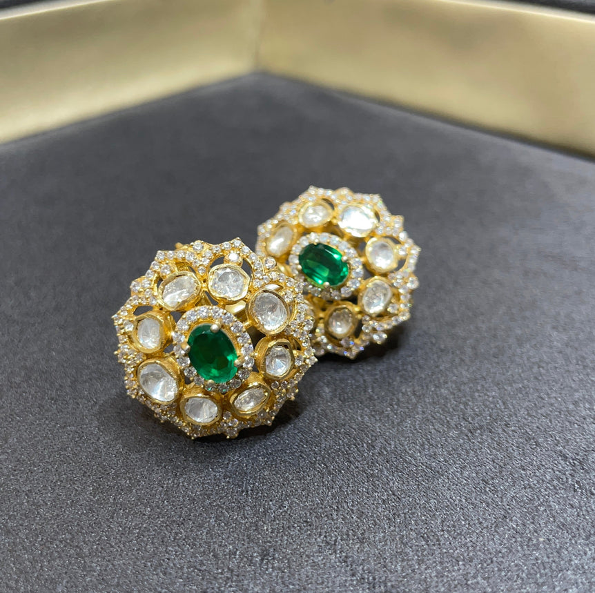 925 Silver Green Stone Polki Earrings