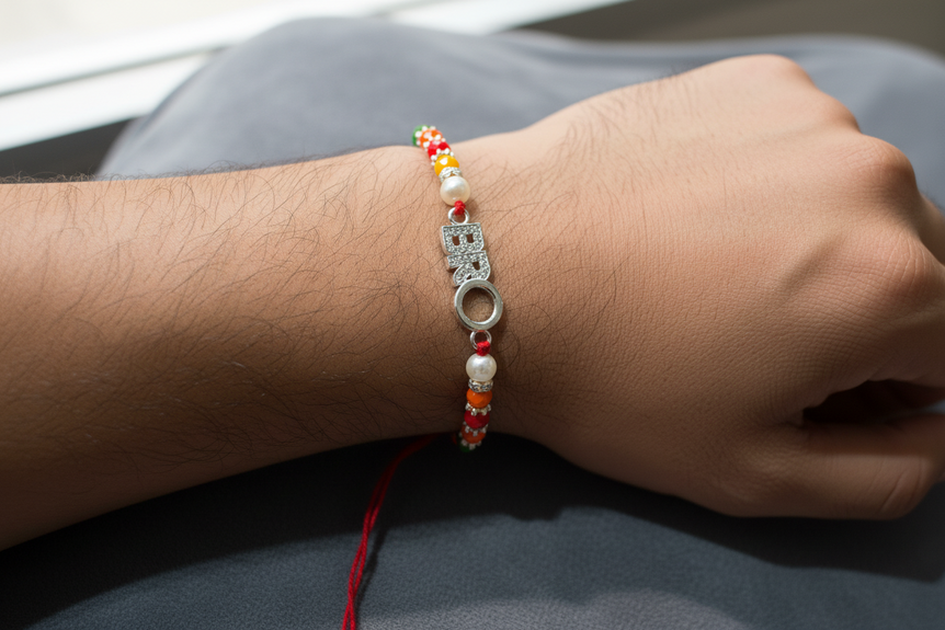 Silver Rakhi with Multi-Color Beads Rakhi