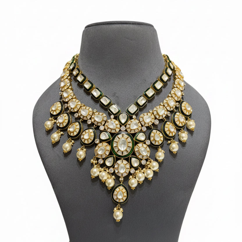 Dual-Tiered Green Enamel Moissanite Polki Bib Bridal Set