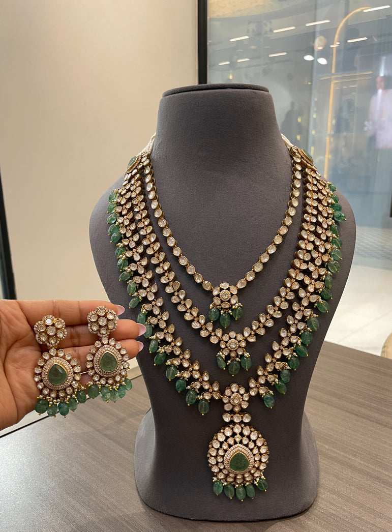 925 Silver Nirvaya Polki Emerald Triple Line Bridal Set
