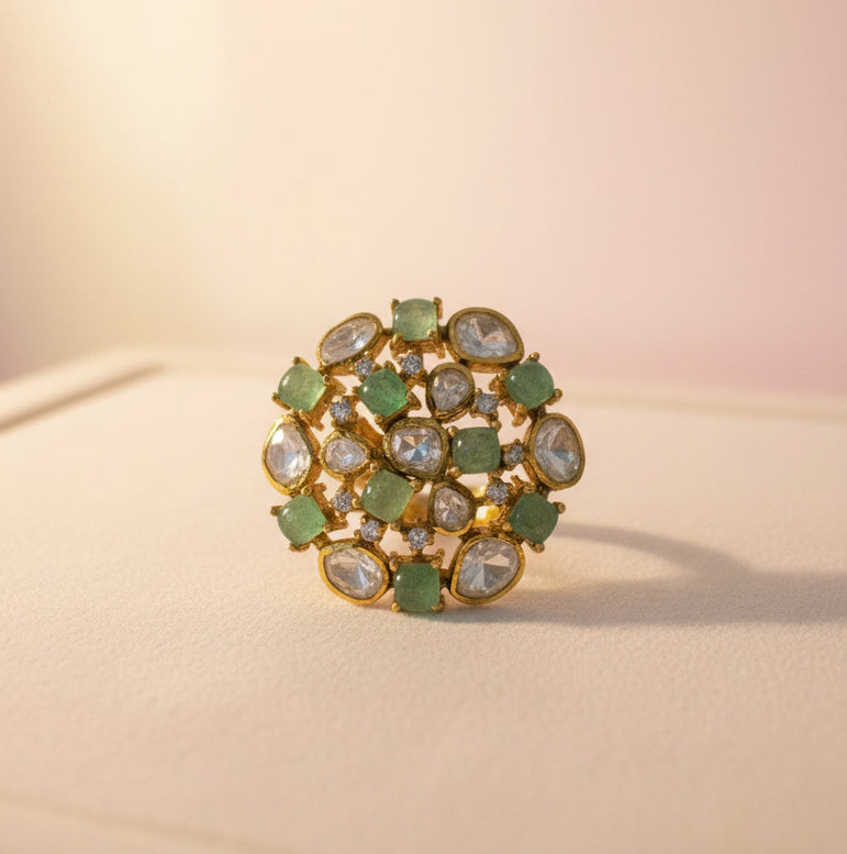 Raw Mint Emerald & Moissanite Polki Mosaic Ring
