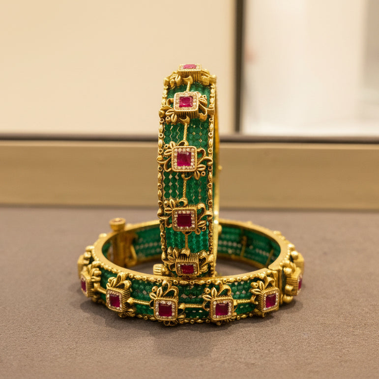 Royal Woven Green Bead Openable Gold Look Bangle