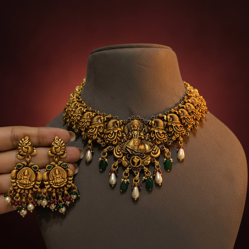 Sacred Seated Goddess Laxmi Temple Gold Set