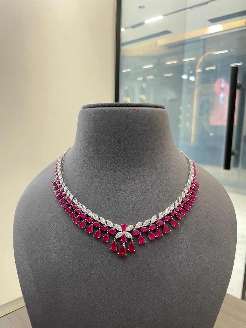 925 Silver Ruby Aurora Moissanite Diamond Necklace Set