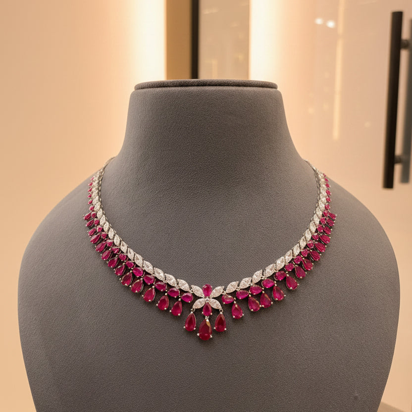 Ruby & Silver Floral Droplet Diamond Set