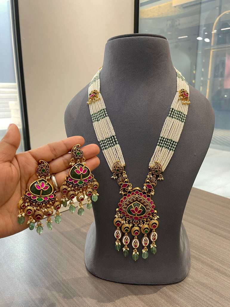 925 Silver Rani Harita Long Real Gold Look Necklace Set