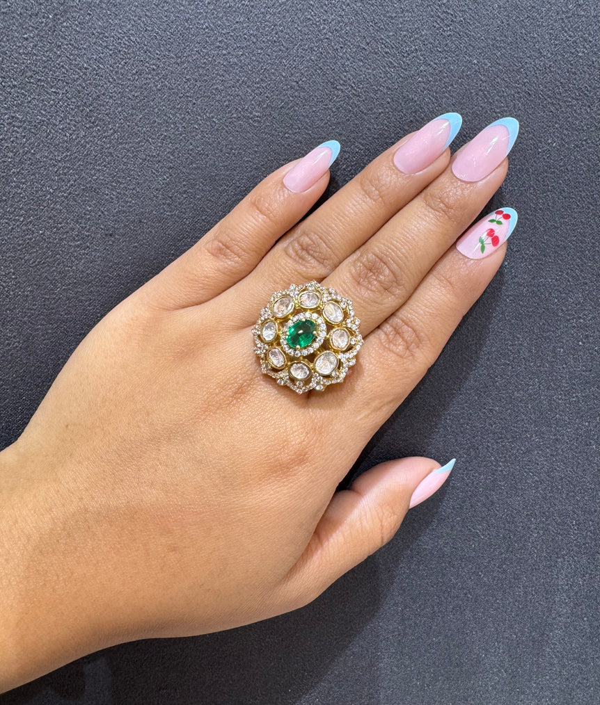 925 Silver Green Stone Polki Ring