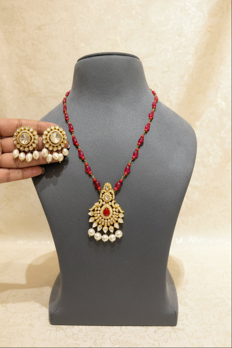 Crimson Shield Moissanite Polki Pendant Set