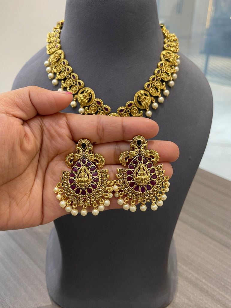 925 Silver Lakshmi Ji Real Gold Look Necklace Set