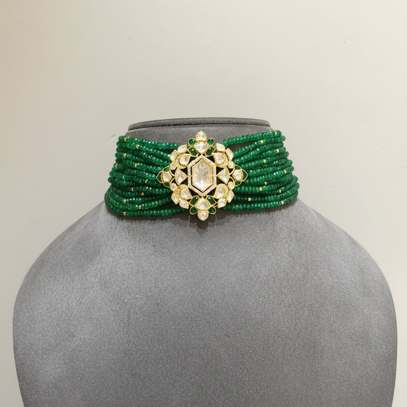 Heritage Moissanite Polki Hexagonal Brooch Emerald Bead Multi-Strand Choker