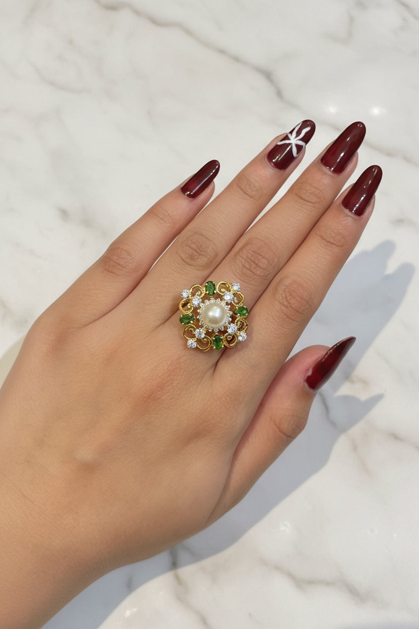 Pearl and Emerald Floral Cluster Moissanite Diamond Ring