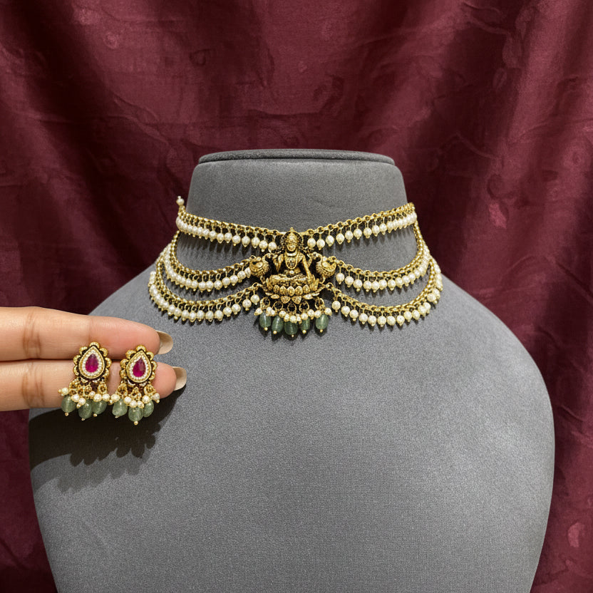 Divine Lakshmi Nakshi Centerpiece & Multi-Tier Pearl Strand Gold Look Choker