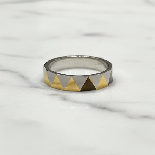 Tri-Tone Triangular Faceted Geometric Men's Band Ring