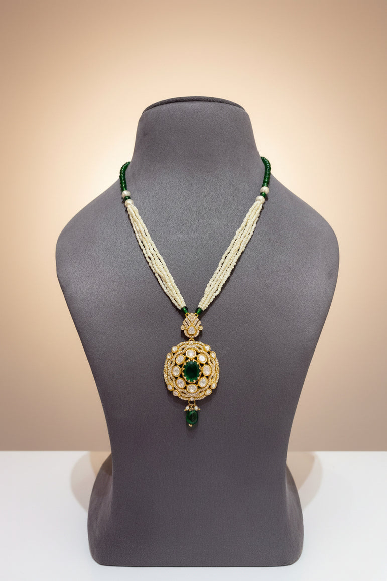 Emerald Medallion Multi-Strand Pearl Pendant Set