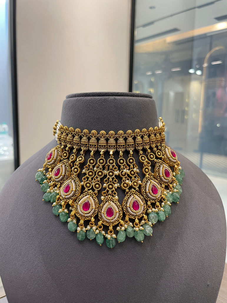 925 Silver Anarkali Heavy Antique Gold Look Bridal Choker Set