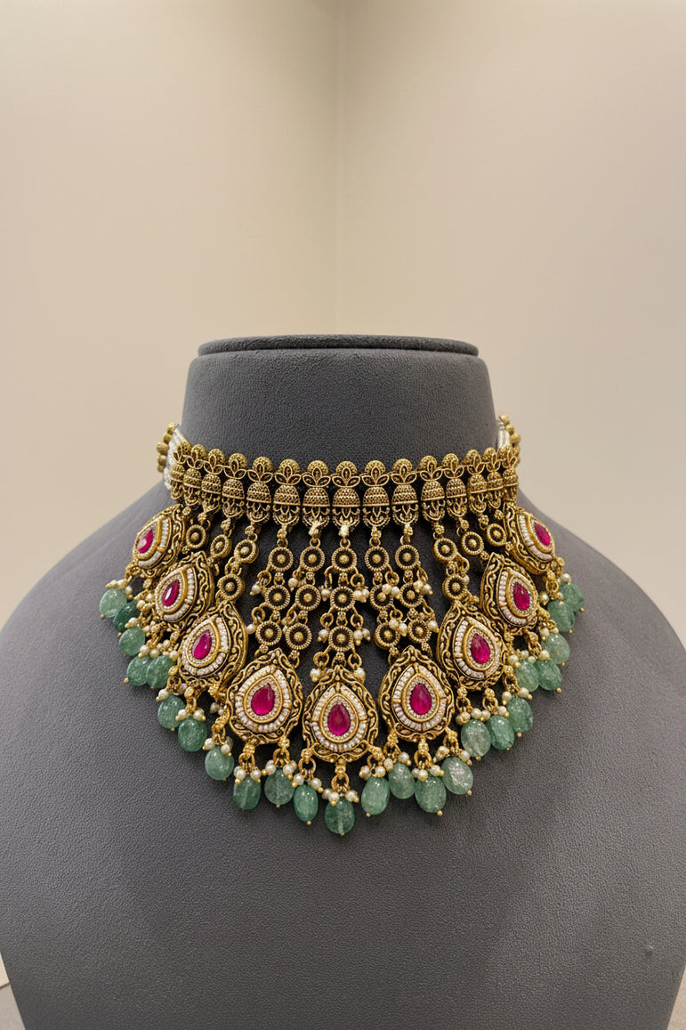 Heritage Nakshi Teardrop Choker Gold Look