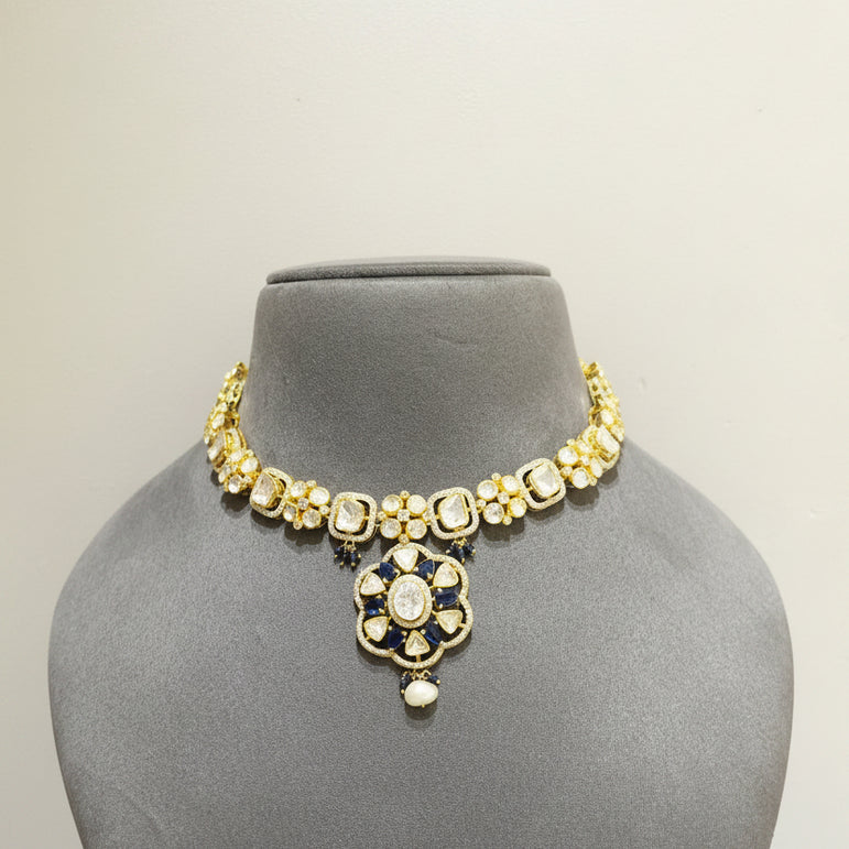 Deep Blue Sapphire & Moissanite Polki Rosette Choker