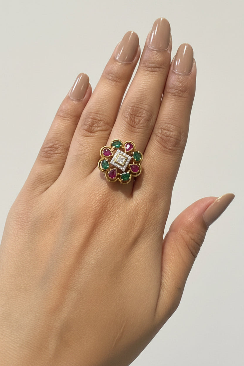 Emerald Floral Square Moissanite Polki Ring