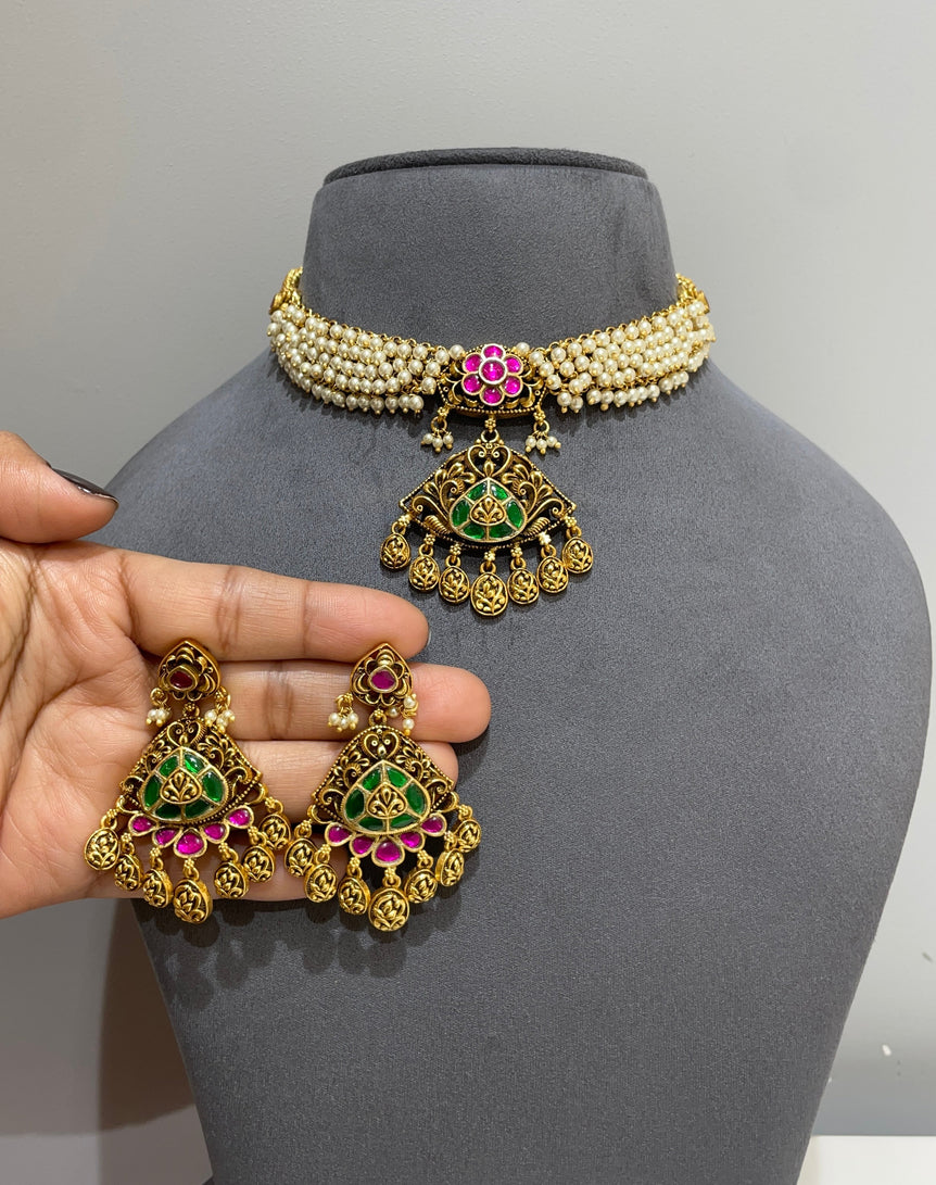 925 Silver Pearly & Ruby Antique Choker Set with 22kt Gold Plated