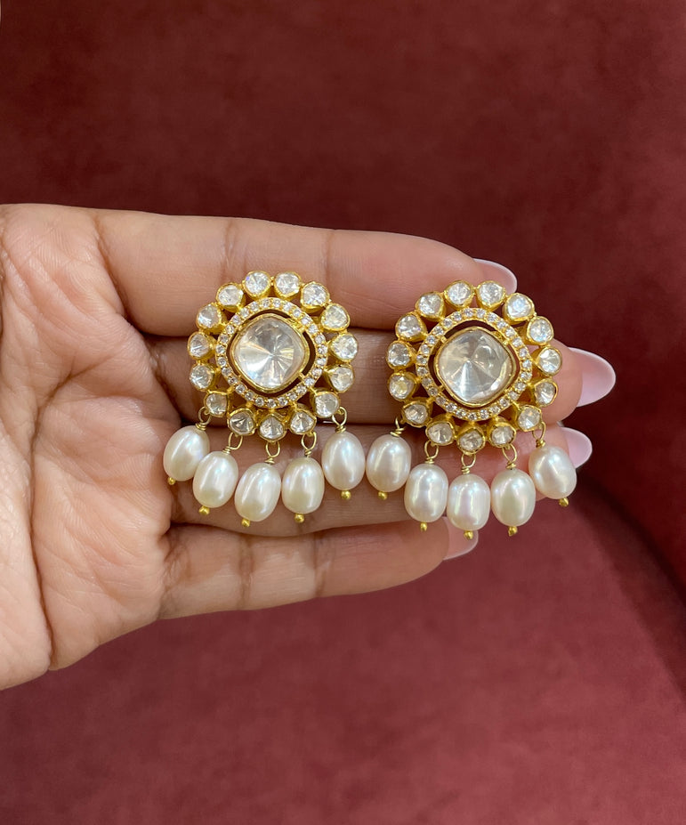 925 Silver Polki & Pearls Earring