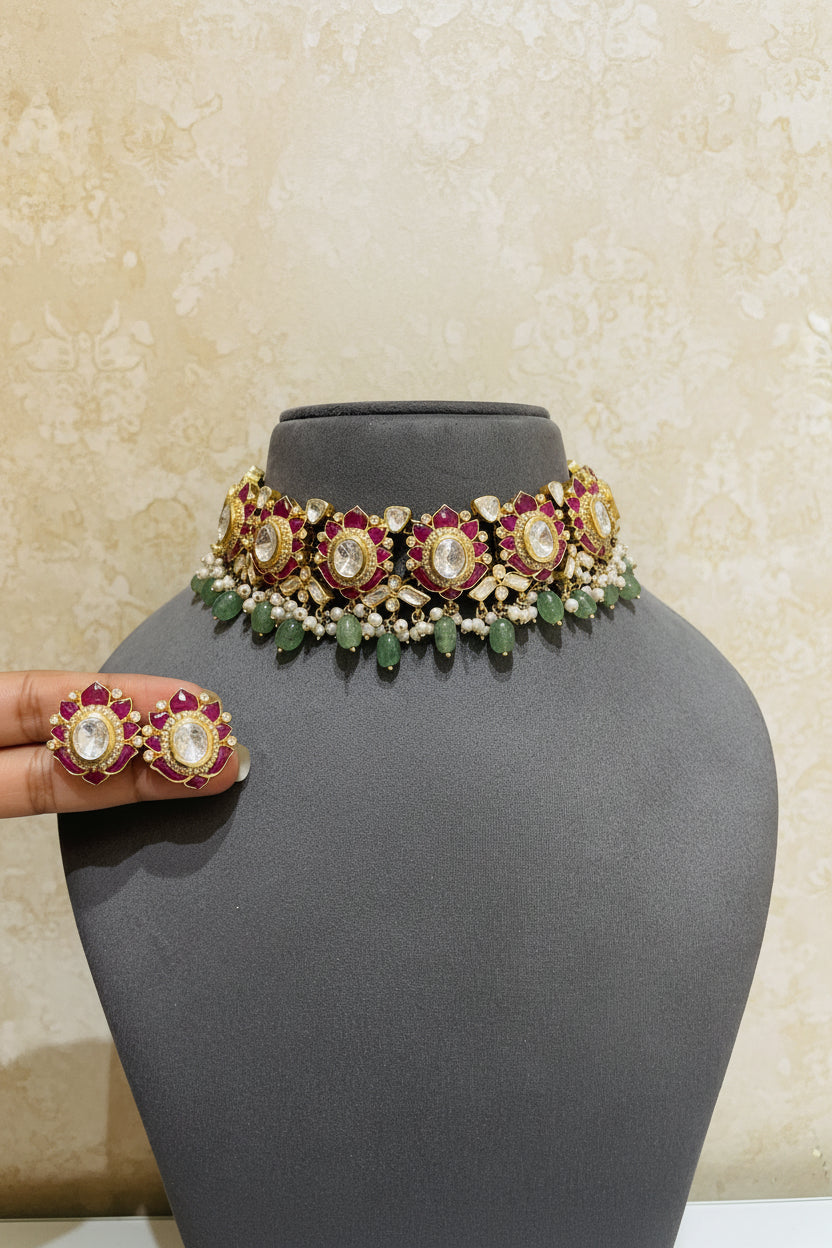 Moissanite Polki & Carved Ruby Floral Choker