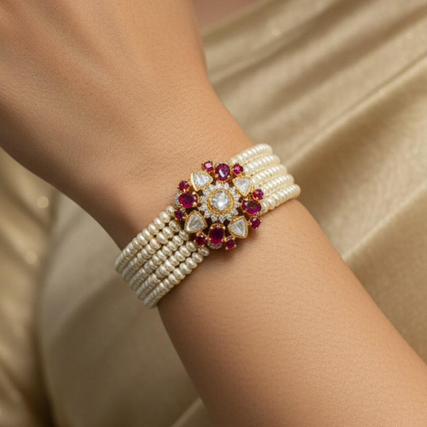 Floral Moissanite Polki & Multi-Strand Pearl Bracelet