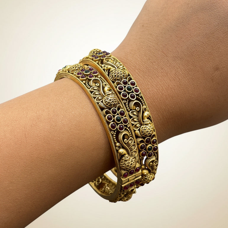 Peacock & Flower Design Antique Gold Look Bangle