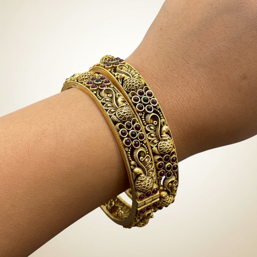 Peacock & Flower Design Antique Gold Look Bangle