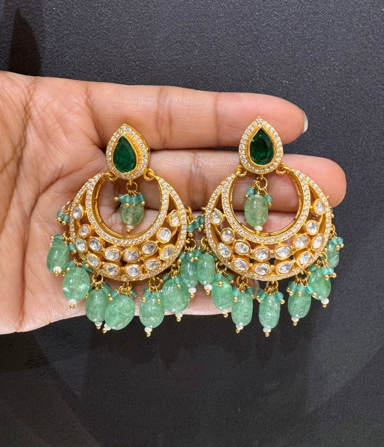 925 Silver Jade Mist Chandbali Polki Earrings