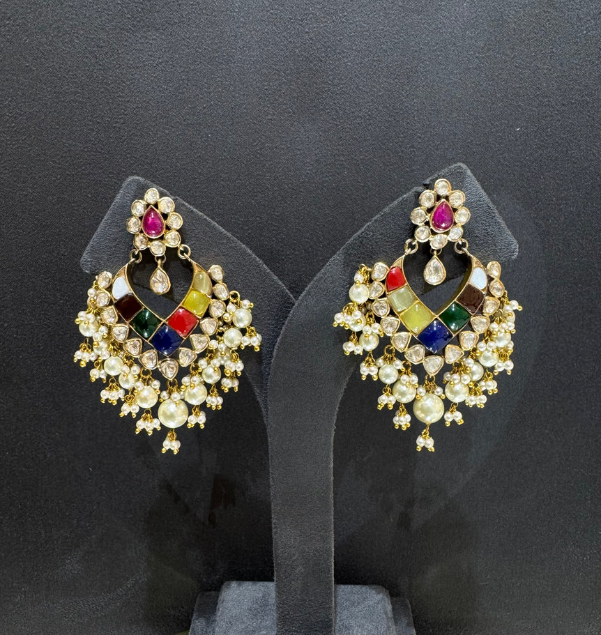 925 Silver Navrattan Chandbali Earrings