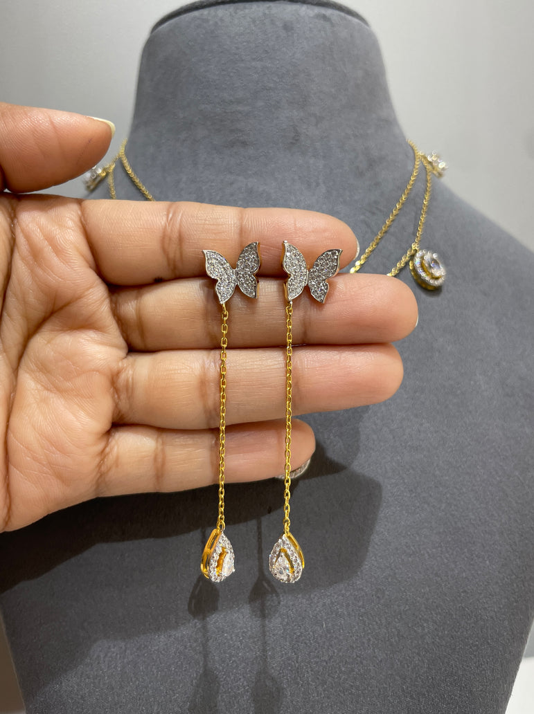 925 Silver Double Line Butterfly & Pear Drop Pendant Set