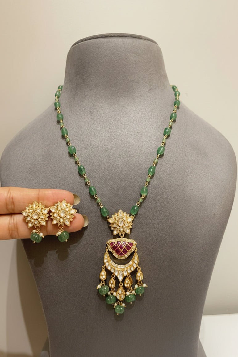 Royal Floral Rosette & Crescent Polki Pendant Set