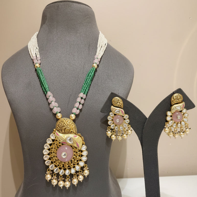 Pastel Pink Meenakari & Rose Quartz Cabochon Moissanite Polki Long Set
