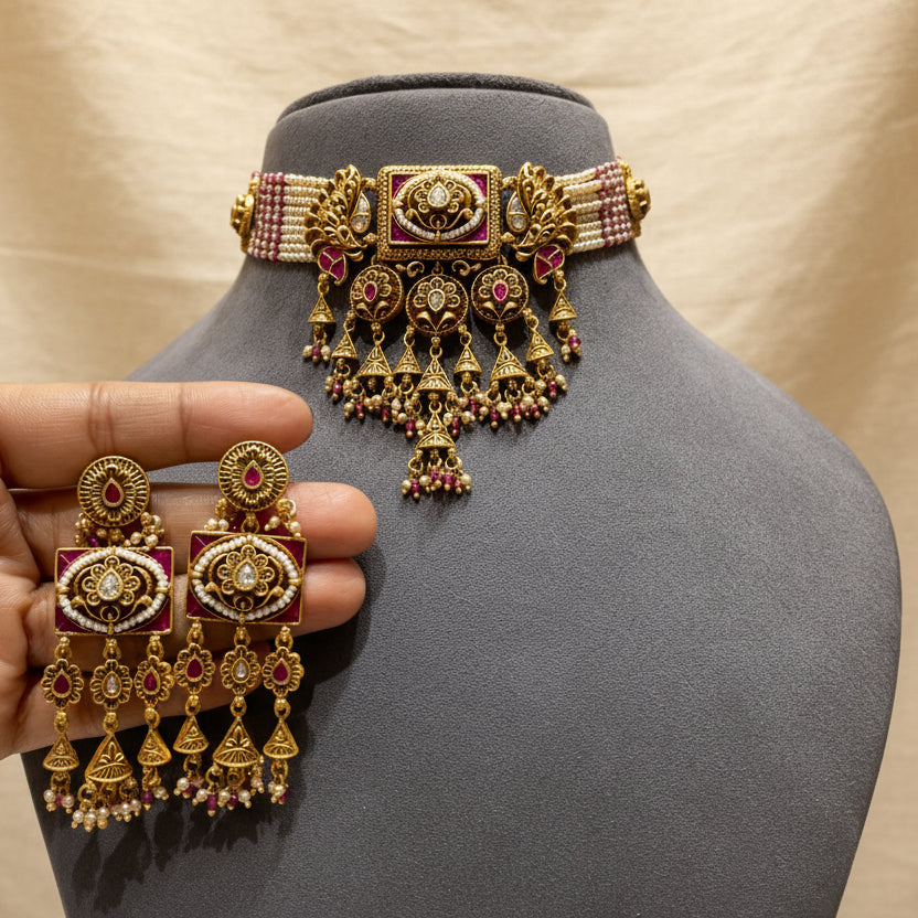 Royal Nakshi Floral Jhumka Gold Look Choker