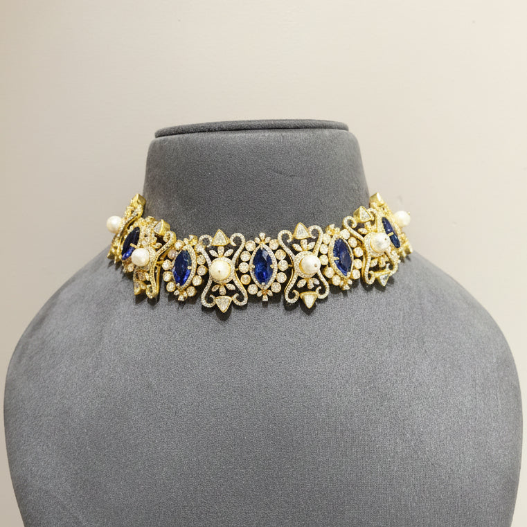 Royal Deep Blue Sapphire & Moissanite Polki Scrollwork Choker