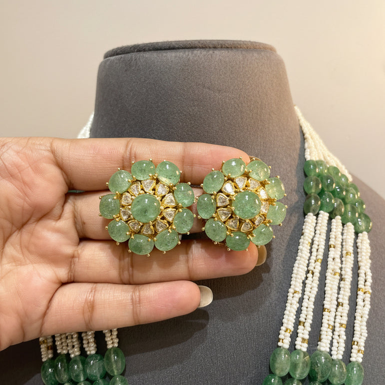 Emerald Quartz, Moissanite Polki & Micro-Pearl Statement Long Set