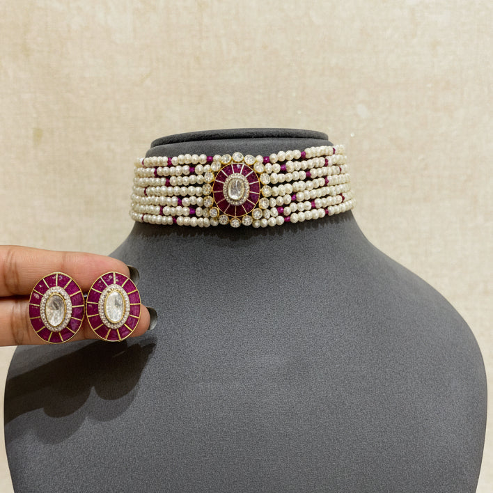 Oval Pink Medallion Pearl Strand Polki Choker