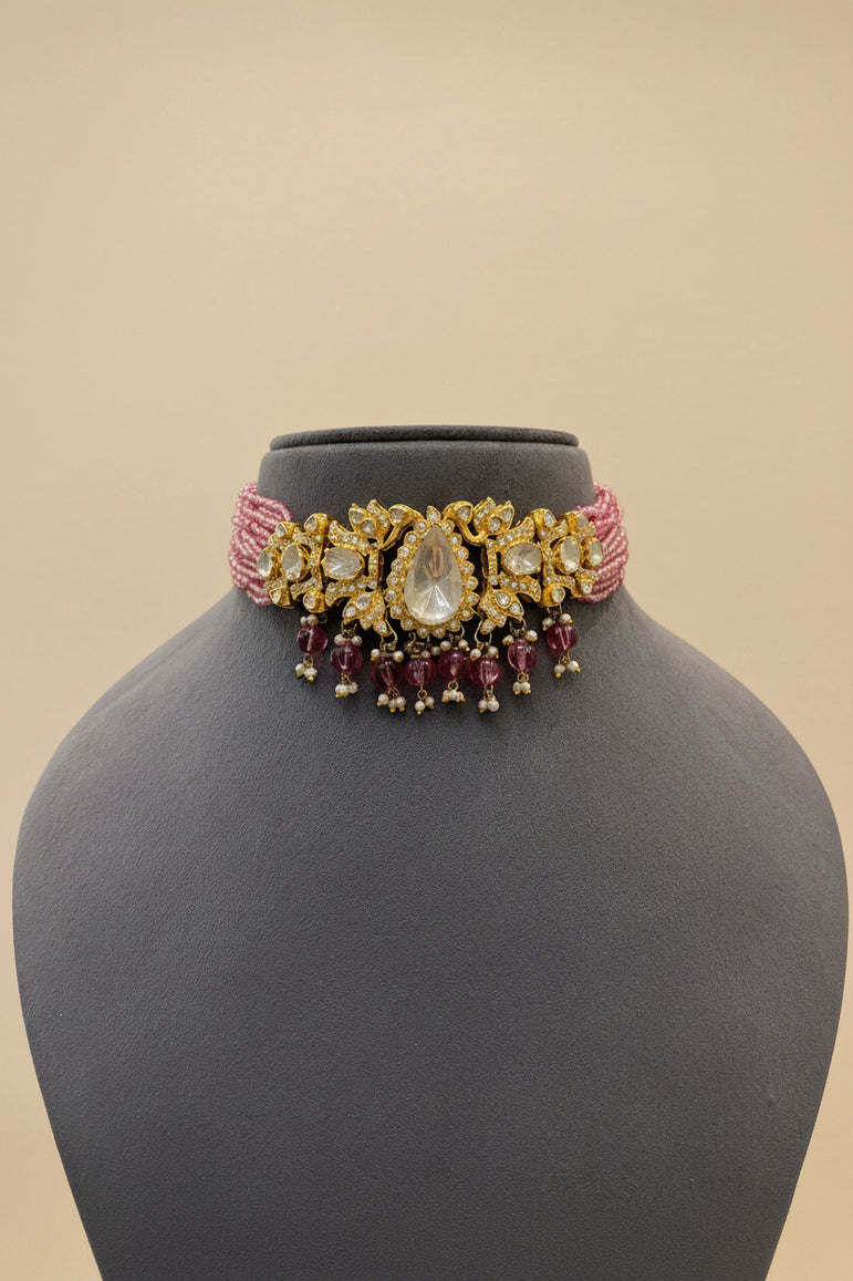 Pear-Cut Polki Choker with Pink Choker