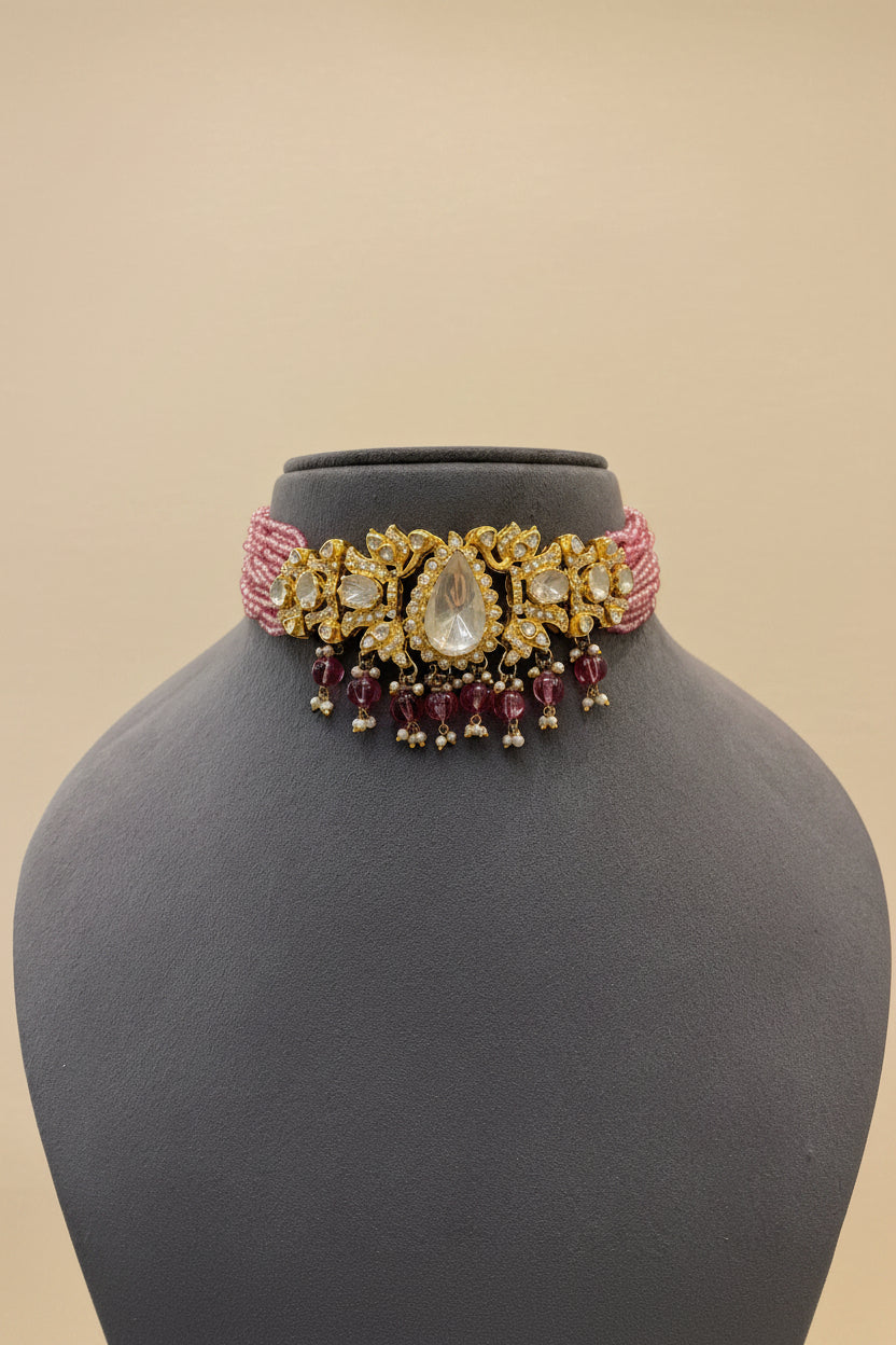 Pear-Cut Polki Choker with Pink Choker