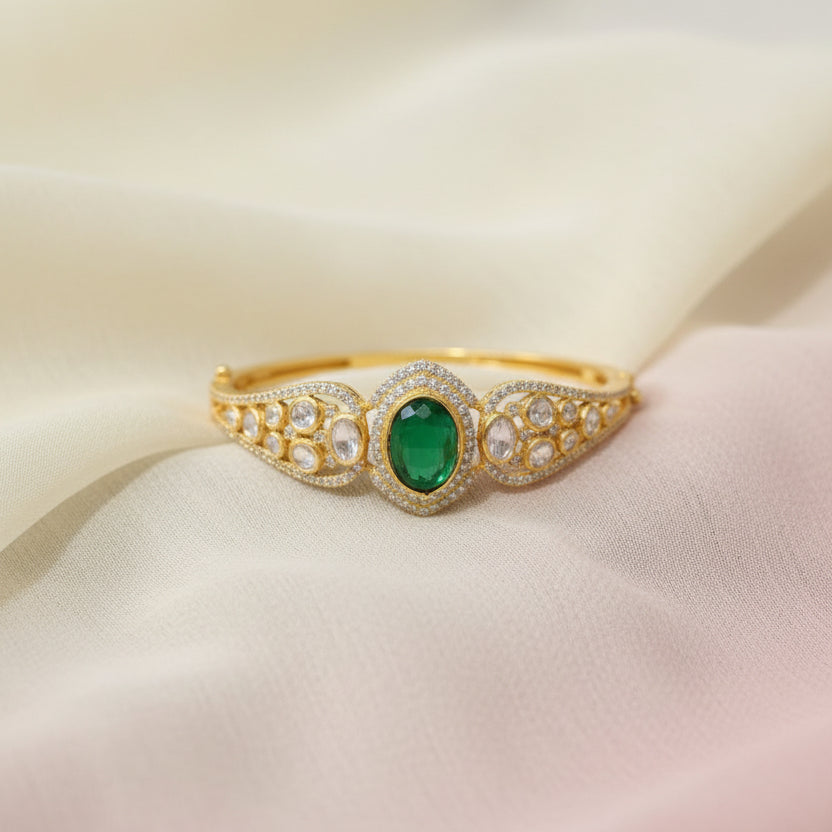 Emerald Cabochon & Moissanite Polki Statement Bracelet