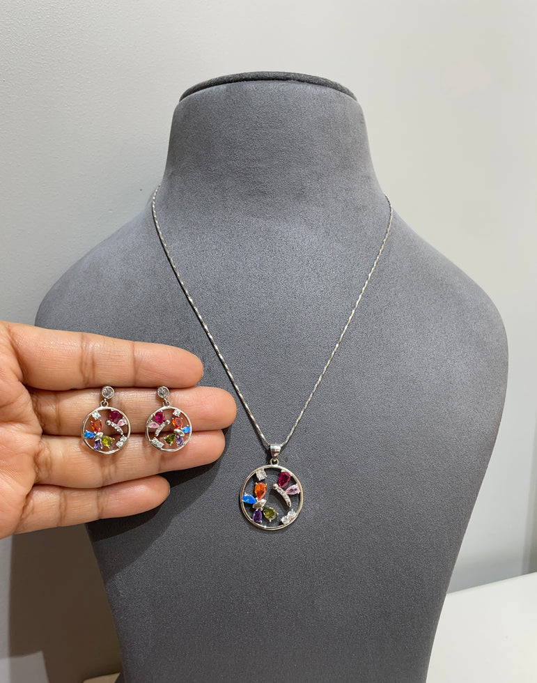 925 Silver Multi Colour Butterfly Pendant Set (Without Chain)