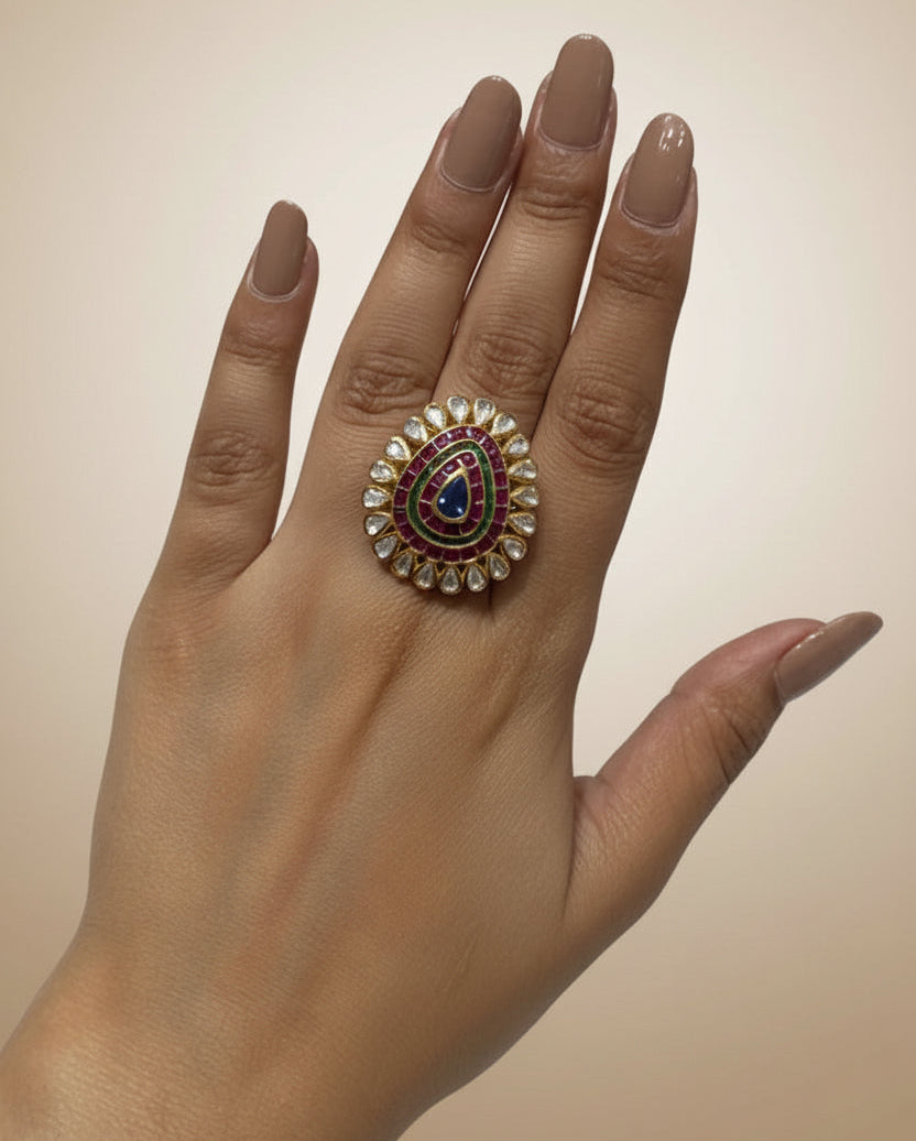 Royal Peacock Teardrop Tri-Color Meenakari & Polki Starburst Cocktail Ring