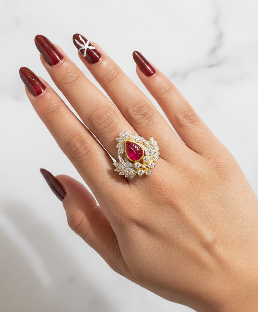 Imperial Pear-Cut Carved Ruby Statement Moissanite Diamond Ring