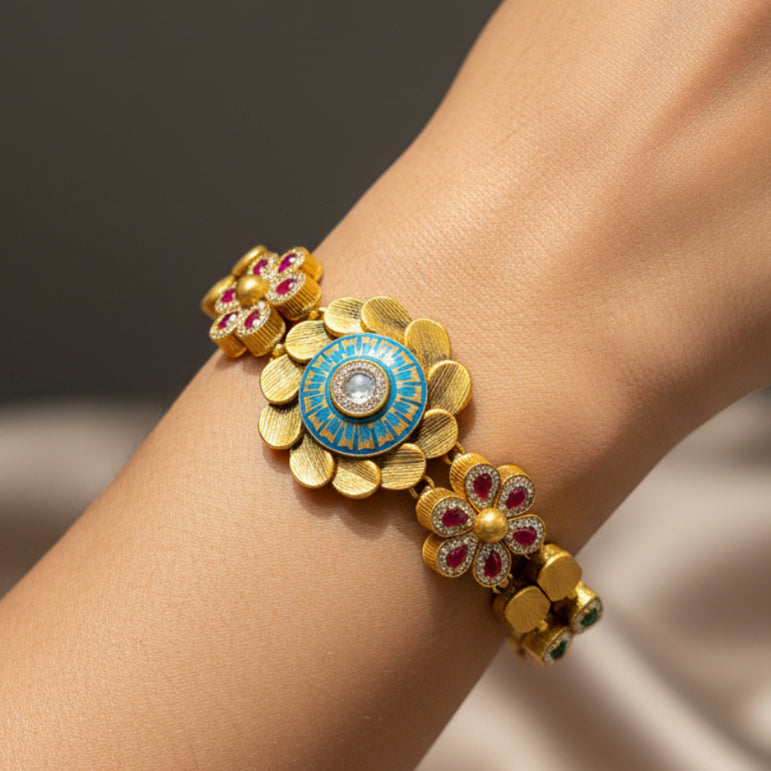 Antique Gold Sculpted Bloom & Meenakari Bracelet