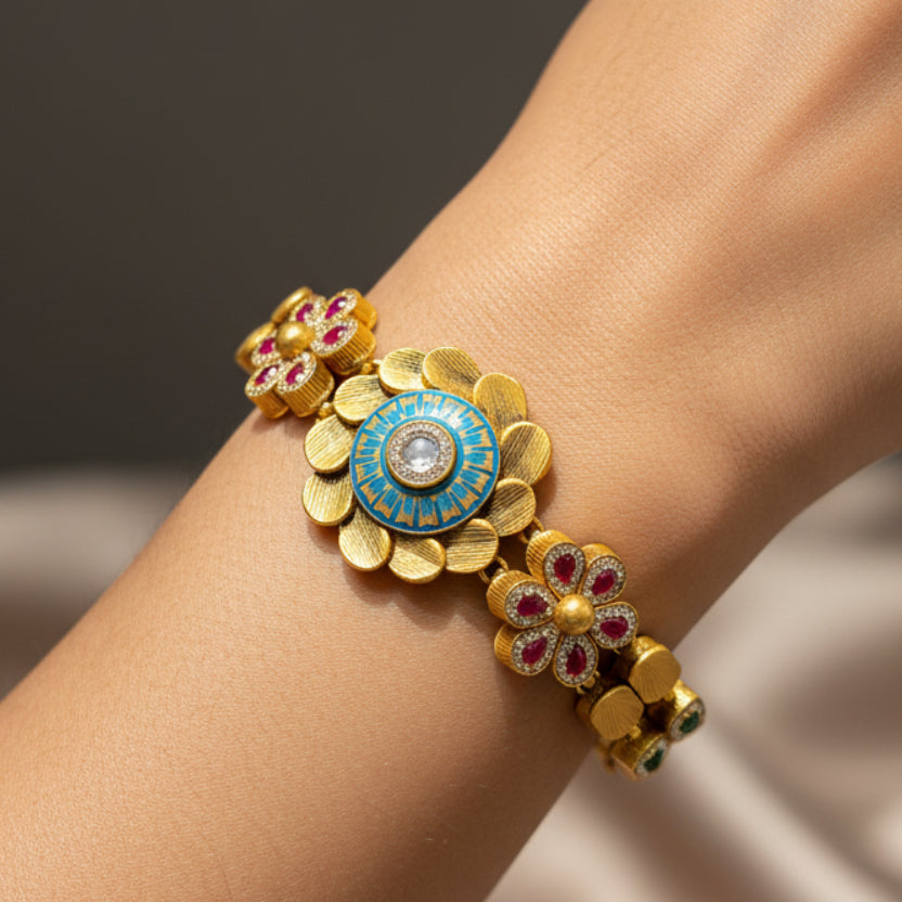 Antique Gold Sculpted Bloom & Meenakari Bracelet