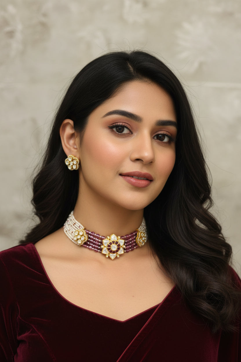 Floral Polki & Dual-Tone Strand Choker