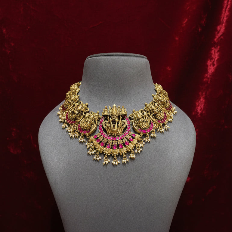 Goddess Lakshmi Antique Gold Plated Nakshi Set