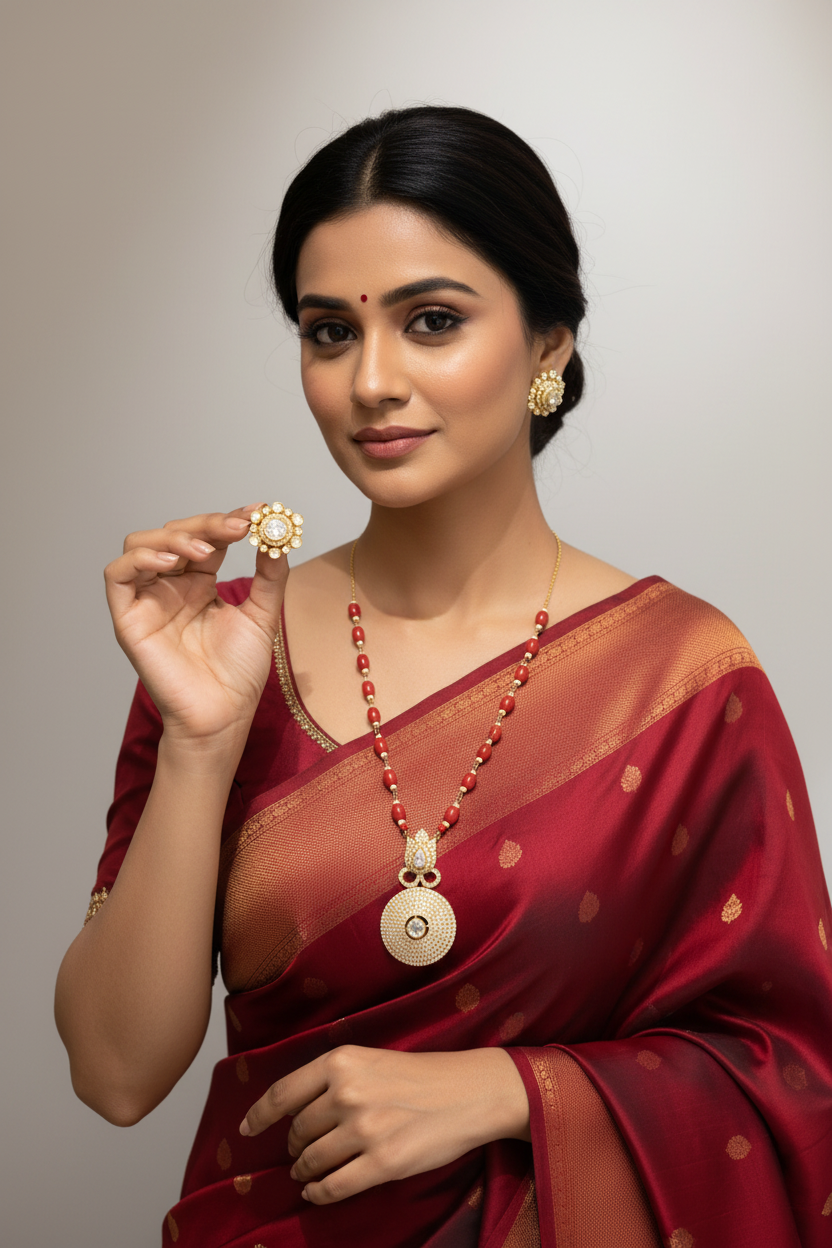 Crimson Bead Moissanite Polki Medallion Pendant Set
