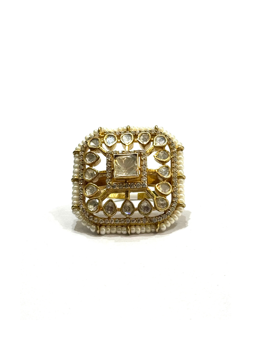SQUARE POLKI RING WITH PEARLS