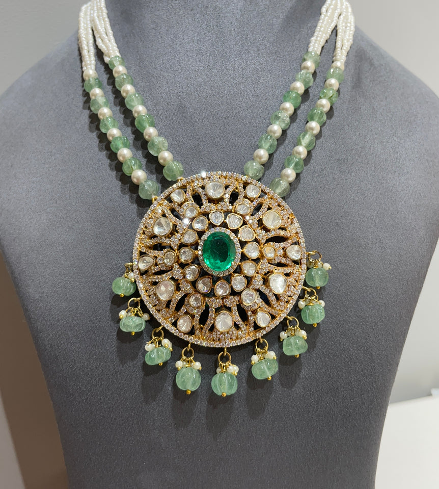 925 Silver Traditional Round Polki Heavy Pendant